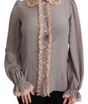 Dolce &amp; Gabbana Gray Silk Gold Sequin Lace Blouse Shirt