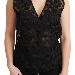 Dolce &amp; Gabbana Elegant Floral Black Silk Blend Vest