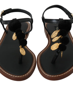 Dolce & Gabbana Black Leather Coins Flip Flops Sandals Shoes Dolce & Gabbana 