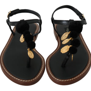 Dolce & Gabbana Pom Pom Flip Flop Ankle Strap Flats