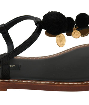 Dolce & Gabbana Black Leather Coins Flip Flops Sandals Shoes Dolce & Gabbana 