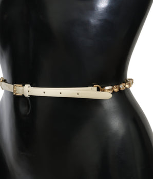 Dolce & Gabbana White Leather Crystals Waist Belt Dolce & Gabbana 