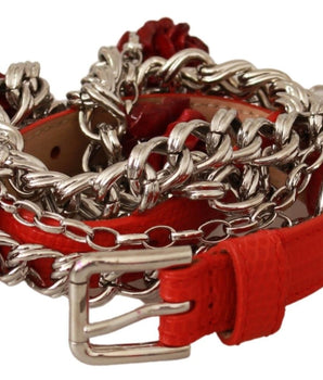 Dolce & Gabbana Red Leather Roses Floral Silver Waist Belt Dolce & Gabbana 