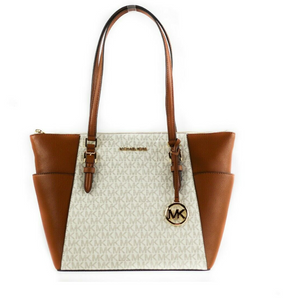 Michael Kors Charlotte Signature - Bolso de mano de piel con cremallera superior grande (vainilla)