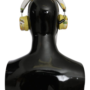 Dolce & Gabbana Chic White Leather Headphones with Yellow Print