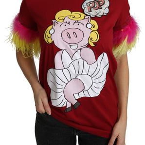 Dolce &amp; Gabbana Chic Red Pig Print Crew Neck T-Shirt