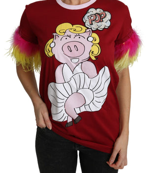 Dolce & Gabbana Red Pig Print Feather Sleeves T-shirt Top Dolce & Gabbana 