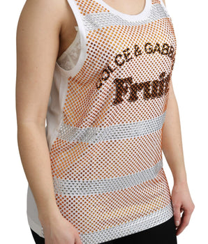 Dolce & Gabbana White Orange Crystal Sleeveless Tank Cotton Top Dolce & Gabbana 