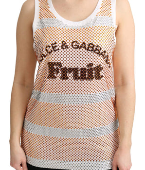 Dolce & Gabbana White Orange Crystal Sleeveless Tank Cotton Top Dolce & Gabbana 