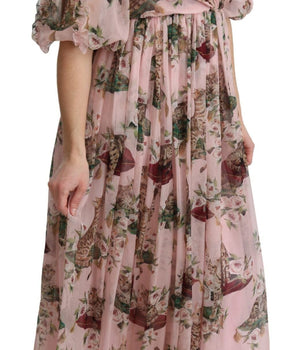Dolce & Gabbana Elegant Pink Bengal Cat Print A-Line Maxi Dress Dolce & Gabbana 