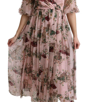 Dolce & Gabbana Elegant Pink Bengal Cat Print A-Line Maxi Dress Dolce & Gabbana 