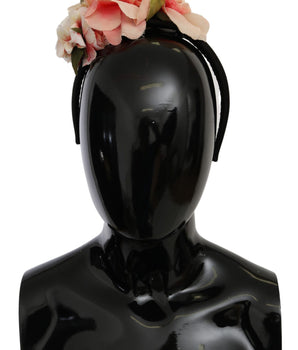 Dolce & Gabbana Pink Silk Black Floral Headband Logo Diadem