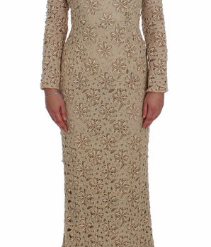 Dolce & Gabbana Beige Floral Lace Long Sleeve Maxi Dress Dolce & Gabbana 