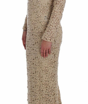 Dolce & Gabbana Beige Floral Lace Long Sleeve Maxi Dress Dolce & Gabbana 
