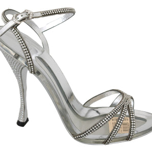 Dolce & Gabbana Silver Leather Ankle Strap Sandals with Crystals Dolce & Gabbana 