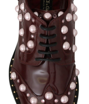 Dolce &amp; Gabbana Elegant Bordeaux Lace-Up Flats with Pearls and Crystals