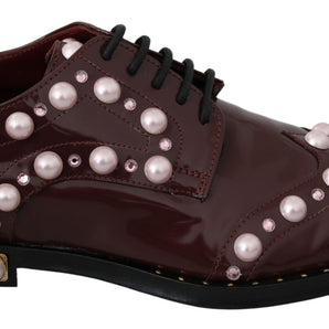 Dolce & Gabbana Elegant Bordeaux Lace-Up Flats with Pearls and Crystals Dolce & Gabbana 