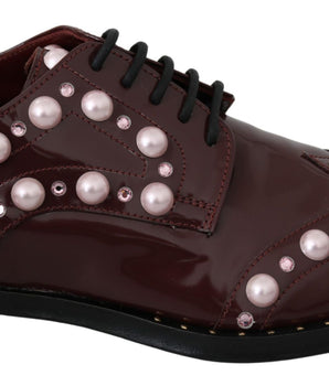 Dolce &amp; Gabbana Elegant Bordeaux Lace-Up Flats with Pearls and Crystals