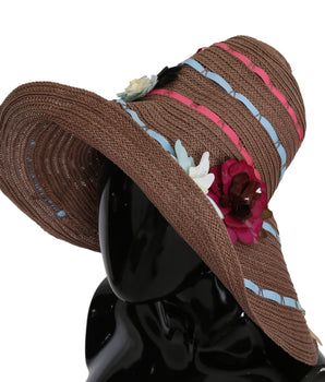 Dolce & Gabbana Brown Floral Wide Brim Straw Floppy Cap Hat Dolce & Gabbana 