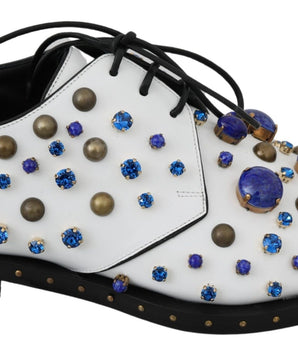 Dolce &amp; Gabbana Elegant White Leather Dress Shoes With Crystals