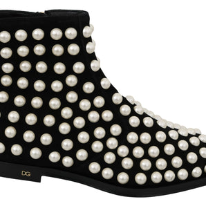 Dolce &amp; Gabbana Chic Black Suede Ankle Boots with Pearls