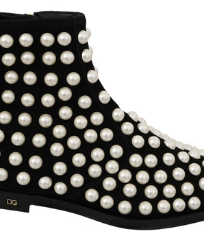 Dolce &amp; Gabbana Chic Black Suede Ankle Boots with Pearls