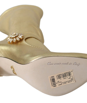 Dolce &amp; Gabbana Elegant Gold Ankle Boots Socks with Rhinestones