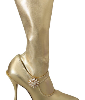 Dolce &amp; Gabbana Elegant Gold Ankle Boots Socks with Rhinestones
