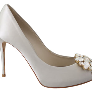 Dolce &amp; Gabbana White Crystal Peep Toe Silk Blend Heels