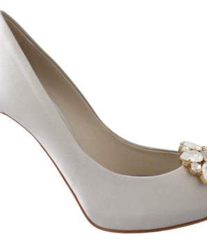 Dolce &amp; Gabbana White Crystals Peep Toe Heels Satin Pumps Shoes