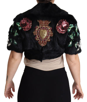 Dolce &amp; Gabbana Elegant Black Rabbit Fur Crystal Jacket