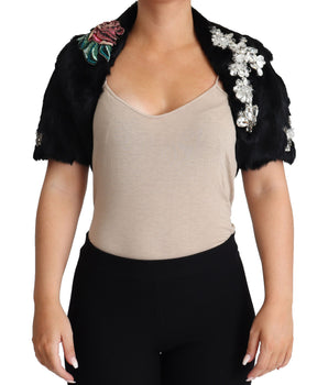 Dolce &amp; Gabbana Elegant Black Rabbit Fur Crystal Jacket