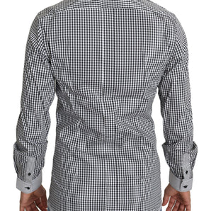 Dolce &amp; Gabbana Elegante camisa casual dorada a cuadros en blanco y negro