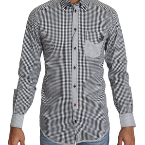 Dolce &amp; Gabbana Elegante camisa casual dorada a cuadros en blanco y negro