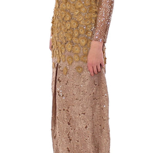 Lanre Da Silva Ajayi Exquisite Gold Lace Maxi Dress with Crystals