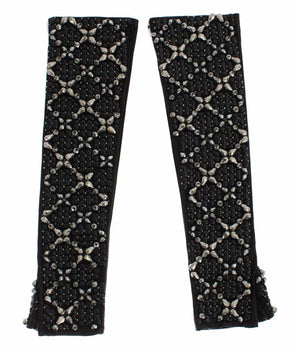 Dolce & Gabbana Black Leather Crystal Beaded Finger Free Gloves Dolce & Gabbana 