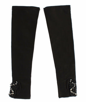 Dolce & Gabbana Black Leather Crystal Beaded Finger Free Gloves Dolce & Gabbana 