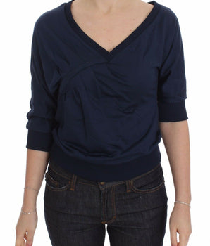 Exte Blue Cotton Top Pullover Deep V-neck Women Sweater Exte 