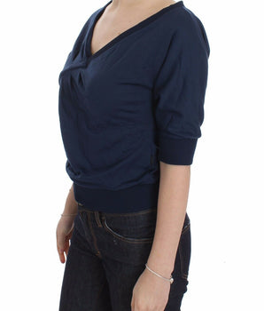 Exte Blue Cotton Top Pullover Deep V-neck Women Sweater Exte 