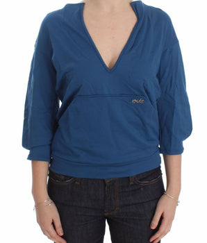 Exte Blue Cotton Top Pullover Deep V-neck Women Sweater Exte 