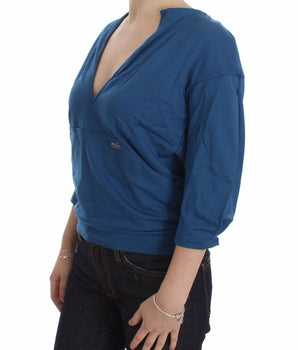 Exte Blue Cotton Top Pullover Deep V-neck Women Sweater Exte 