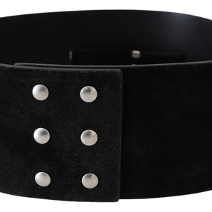 GF Ferre Elegant Black Leather Wide Belt with Silver Tone Buckle