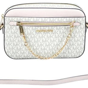 Michael Kors Jet Set Item Large East West Signature Leather Zip Chain Crossbody Handbag (Vanilla PVC/Powder Blush)