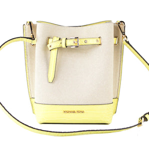 Michael Kors Emilia Small Canvas Snakeskin Print Leather Bucket Bag Messenger Crossbody Handbag (Buttercup)