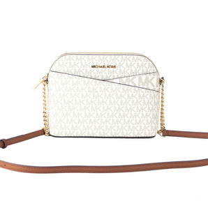 Michael Kors Jet Set Travel Medium Leather X Cross Dome Crossbody Handbag (Vanilla Signature/Gold)