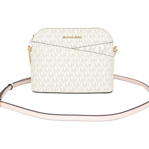 Michael Kors Jet Set Travel Medium Leather X Cross Dome Crossbody Handbag (Vanilla Signature/Powder Blush)