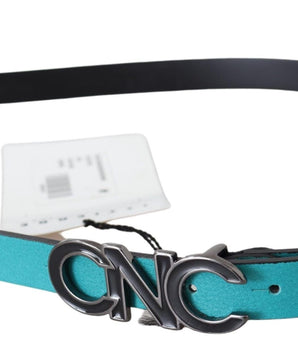 Costume National Blue Green Leather Logo Silver Buckle Belt Costume National 