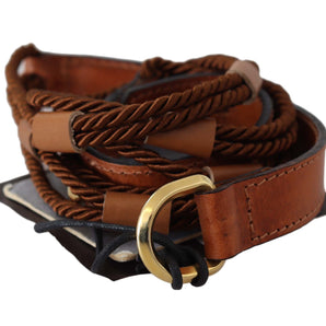 Scervino Street Brown Leather Braided Rope Gold Buckle Belt