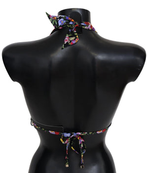 Dolce & Gabbana Black Floral Print Swimsuit Beachwear Bikini Tops