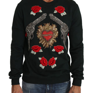 Dolce & Gabbana Emerald Cotton Sweater with Crystal Embroidery